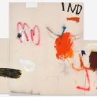 "IND" in Schwarz, abstrakte Formen mit kräftigen Farben; rote, orange und schwarze Malerei auf beigem Hintergrund.