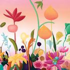 Keine erkennbaren Texte vorhanden. Eine bunte Illustration von stilisierten Pflanzen vor einem rosa Hintergrund.