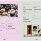 Inhalt: Ankommen & Verlangsamen, Innerer Halt & Sinn. Foto: Tasse mit Gebäck und brennender Kerze. Zwei Personen vor einem Café.