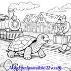 Vorschau Ausmalbild 22 von 50. Eine Schildkröte auf einem Weg, ein Zug links, Häuser im Hintergrund, ein Hase und ein Mann mit Koffer.