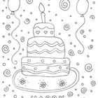 "Happy Birthday", große Torte mit Kerze, drei Luftballons, dekoriert mit Spiralen und Mustern. Skizzenhafte Zeichnung.