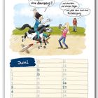 Kalenderseite für Juni mit einer humorvollen Illustration. Person ruft: "Ohne Sattel – ohne Zaumzeug!" und Foto wird gemacht.