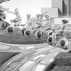 Keine sichtbaren Texte. Illustration von Menschen auf futuristischen Fahrrädern in einer futuristischen Stadtumgebung.
