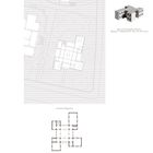 Haus am Friedensplatz, Dresden. Grundrisse und Modellabbildung eines Gebäudes mit detaillierten Linienzeichnungen.