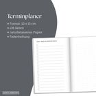 "Terminplaner"; Format 10x15 cm; 136 Seiten; naturbelassenes Papier; Fadenheftung. Zeigt offenen Planer links mit To-Do-Liste.
