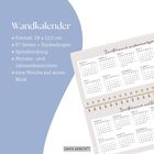 "Wandkalender" mit Format, Seitenanzahl, Spiralbindung, Übersichten beschrieben; links Text, rechts Kalenderansicht.