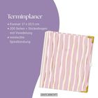 Terminplaner: Format 17x20,5 cm, 200 Seiten + Stickerbogen, versteckte Spiralbindung. Illustration: lila und rosa Streifen.