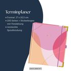 "Terminplaner, Format: 17 x 20,5 cm, 200 Seiten + Stickerbogen, versteckte Spiralbindung." Abbildung eines bunten Planers.