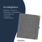 „Terminplaner, Format: 17 x 20,5 cm, 200 Seiten + Stickerbogen, versteckte Spiralbindung.“ Anzeige eines Planers.
