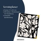 Text: "Terminplaner + Format: 17 x 20,5 cm + 200 Seiten + Stickerbogen mit Veredelung + versteckte Spiralbindung". Blumenthema.
