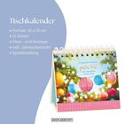 "Tischkalender: Format 16 x 15 cm, 12 Seiten, Feier- und Festtage, inkl. Jahresübersicht, Spiralbindung."  
Im Hintergrund: Bunte Lampions.