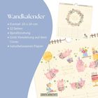 Wandkalender: 20x20 cm, 12 Seiten, Spiralbindung, Goldveredelung, naturbelassenes Papier. Illustration mit rosa Schweinen.