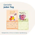 „Genieße jeden Tag“, „2024“, „MORE espresso, LESS depresso!“, „April“. Kalenderblätter mit Illustrationen von Tasse und Kanne.