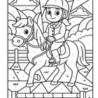 Malvorlage mit Zahlen; Reiter auf Pferd, Vegetation und Wolken im Hintergrund, geometrische Muster.