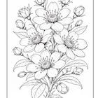 Blumen-Illustration mit großen Blüten und Knospen, umgeben von detaillierten Blättern, in Schwarz-Weiß.