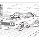 Texte: "PRE-STAGE", "STAGE". Eine Illustration eines klassischen Autos auf einer Rennstrecke mit Qualm.