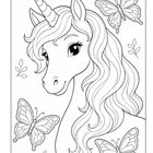 Ein Einhorn mit gewellter Mähne ist umgeben von drei Schmetterlingen und zarten Blättern.