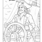 Piratenflagge mit Totenkopf. Ein Pirat steuert ein Schiff, trägt einen Hut mit Totenkopfemblem.
