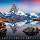 Matterhorn – 4.478 m (Schweiz/Italien). Ein Berg spiegelt sich in einem ruhigen See, umgeben von rosa und blauem Himmel.