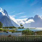 Kalenderansicht: „Milford Sound - Fjord im Südwesten der Südinsel Neuseelands“. Berglandschaft mit Wasser und Wolken.