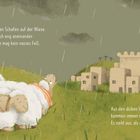 Text beschreibt Lotte, ein schimpfendes Schaf im Regen. Illustration zeigt Schafe auf einer Wiese vor einer Stadt.