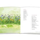 Links Wasserfarbenbild mit Wiese und Blumen. Rechts zwei Gedichte: "Sammeln" von Elisabeth Lieber und "Kaum Vorstellbar" von Margret Bönnighausen.