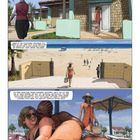 Ein Resort am Strand. Eine Frau in Sommerkleidung trägt eine Tasche, während andere auf Liegestühlen entspannen.