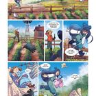 Texte: „Toto!“, „Dorothy, du zertrampelst meine Kartoffeln!“, „Tut mir leid, Onkel Henry!“, „Huch!“, „Meine Wäsche!“, „Tut mir leid, Tante Em!“. Eine bunte Comic-Sequenz zeigt ein Mädchen mit blauem Haar, das durch ein Feld rennt, gefolgt von einem Hund. Ein Mann beschwert sich über zertrampelte Pflanzen; eine Frau reagiert überrascht beim Wäsche aufhängen.