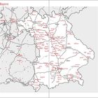 "Bayern" steht oben links. Eine Landkarte zeigt Städte in Bayern und angrenzenden Gebieten in Schwarz/Rot.