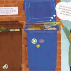 Leni und Leon werfen Müll in blaue und braune Tonnen. Kind fragt: „Oscar, wohin?“ Illustration mit Recycling-Symbolen.