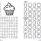 Links: "MUFFIN 14x", Buchstabenraster und Illustration eines Muffins. Rechts: "HERZ 8x" und Buchstabenraster mit Herzsymbolen.