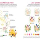Texte: "Erstelle dein Meisterwerk!", "Lass uns malen!" 

Links: Biene, Blumen, Hexagone. Rechts: Vogel, Haus, Farbpalette.