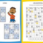 Links steht "Sudoku", rechts "Kreuzworträtsel", mit Beschreibung. Links Sudoku-Rätsel, rechts Kreuzworträtsel, Kind Illustration.