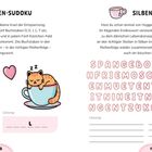 Buchstaben-Sudoku und Silbenchaos mit Rätselanleitungen. Illustration: Schlafende Katze in einer Tasse.