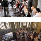 Musiker proben in einem großen Raum mit Cellisten und einem Dirigenten. Notenständer und Mikrofone sind vorhanden.
