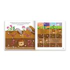 Illustration eines kleinen Triebs mit Wurzeln, umgeben von Würmern und Blumen. Der Text beschreibt das Wachstum zur Oberfläche.