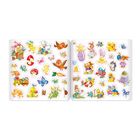 Farbenfrohe Aufkleber von Tieren, Ostermotiven, Blumen und Schmetterlingen auf zwei Seiten.