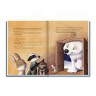 Links Text über Tiere in einem Haus, rechts Illustration: ein Bär schaut durch eine Tür, Maus draußen, Hasen und andere Tiere.