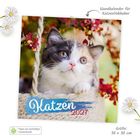 „Katzen 2021“, „Wandkalender für Katzenliebhaber“. Ein Kätzchen schaut aus einem Korb, umgeben von Blüten. Größe: 30 x 30 cm.