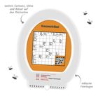 "Kreuzworträtsel" in Orange auf WC-Deckel-Form. Daten: 08.03., 20.03., 26.03., 28.03., 29.03., mit Feiertagen. Zwei Fliegen.