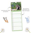 Übersichtlicher Kalender für April, mit Spruch, Bild einer Katze im Garten, Sprühkanne und Gartengeräten.