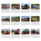 Monate Januar bis Dezember, Kalenderseiten mit Fotos von Zügen, unterschiedliche Loktypen auf Eisenbahnstrecken.