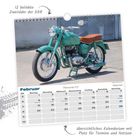 "12 beliebte Zweiräder der DDR", Februar Kalender mit Bild einer grünen Pannonia TLT, übersichtliches Kalendarium.