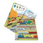 "Unterwegs auf der Schiene." Eine farbenfrohe Illustration zeigt zahlreiche Züge auf verschiedenen Eisenbahnstrecken.