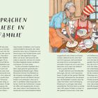 "Die Sprachen der Liebe in der Familie" steht in großen Buchstaben. Drei Personen in der Küche beim Backen.