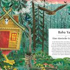"Baba Yaga: Eine slavische Geschichte" steht oben. Ein Haus mit Hühnerbeinen im Wald, umgeben von Bäumen und Tieren.