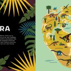 Text: "Jura. Vor etwa 201 bis 145 Millionen Jahren war es immer noch warm und feucht auf der Welt." Links farbige Blätter, rechts Karte mit Dinosauriern.