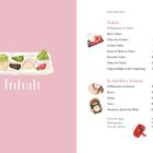 Text: "Inhalt", "Tokio", "& darüber hinaus". Illustrationen: Süßigkeiten, ein Eisbecher, traditionelle Figuren, grüne Pflanze.