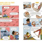 Comic über Muskeln. Titel: "IM KÖRPER GIBT ES ÜBER 600 MUSKELN!" Illustrationen von Figuren und Muskelgrafiken. Humorvolle Dialoge.