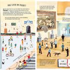 **Text:** Florenz, DAS LOCH IM FRESCO, Botticelli, da Vinci, Michelangelo, Raphael, Seltsame Zeichen.

**Beschreibung:** Illustration, zeigt Piazza della Signoria in Florenz. Personen, Gemälde, Wissenschaftler, Statue, Hund, Kinder, Hinweis auf Geheimsprache.